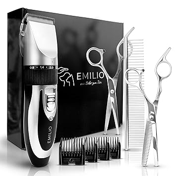 EMILIO Pet Tierhaarschneider [2019] - inklusive Zwei Akkus, Aufsätzen, Scheren, Kamm - Profi Schermaschine für Hunde und Katz