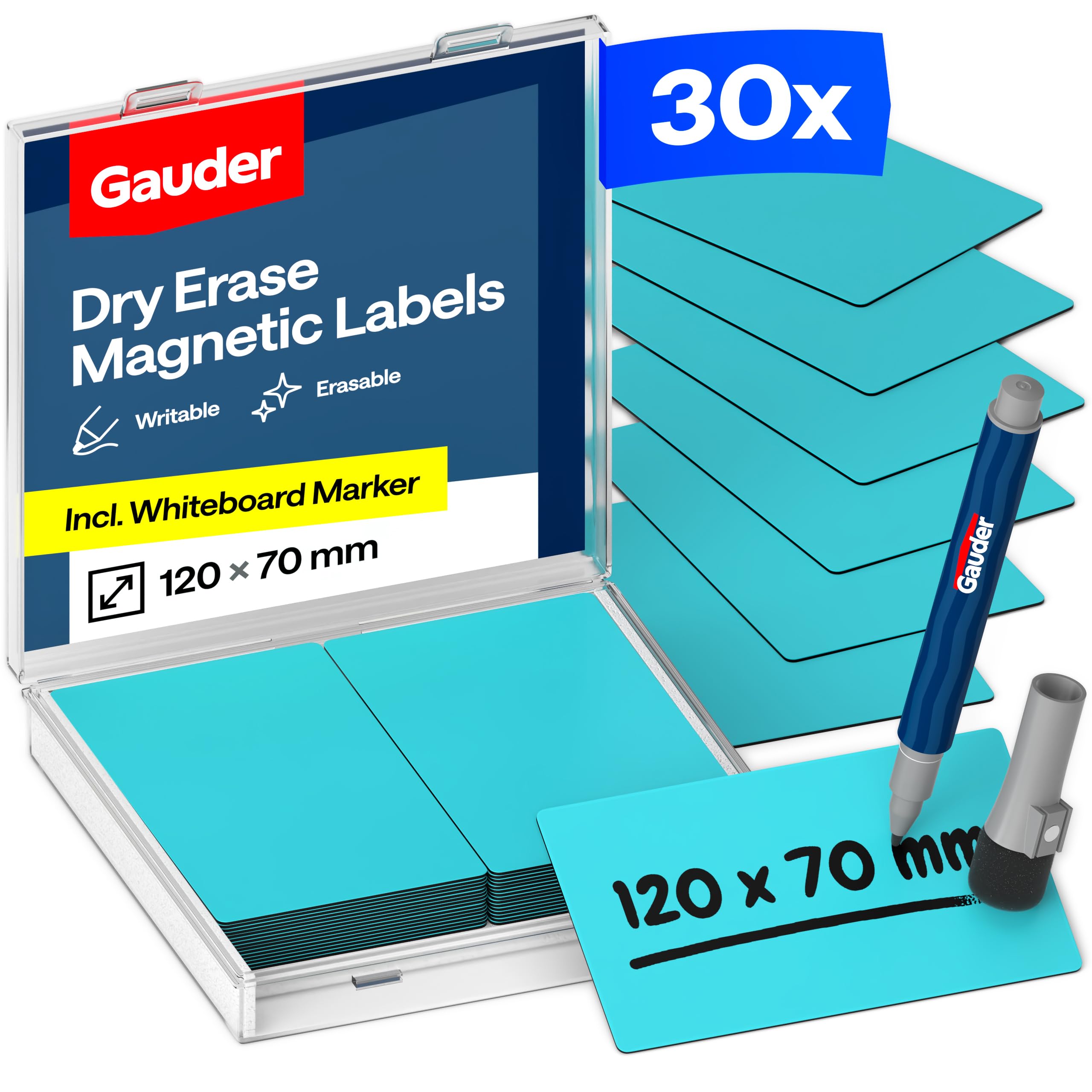 GAUDER Magnetic Labels Writable - Reusable Magnetic Tags for Whiteboard, Blackboard, Kanban Board and Fridge - Magnet Cards with Marker (30 Pieces - 120 x 70 mm)