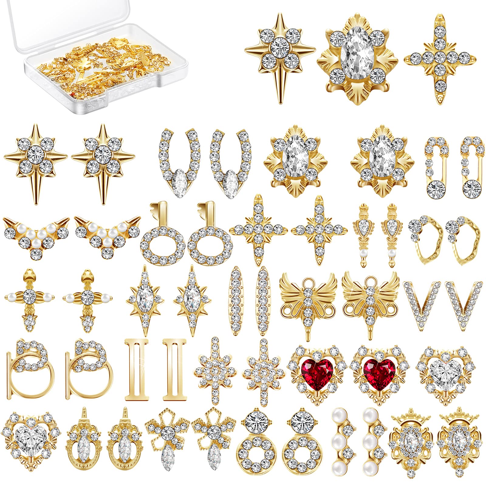 Maitys 48 Pcs Gold Charms 3D Nail Rhinestones Nail Gems 24 Styles Y2k Cross Heart Shiny Diamonds Dangle Crystals Jewels Nails Decoration with Storage Box for Women DIY Hand Beauty Craft Jewelry Making