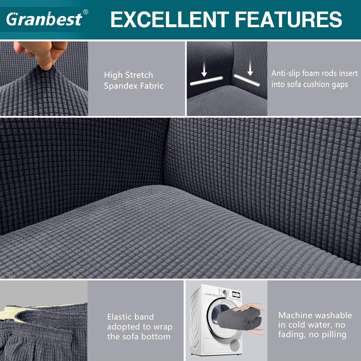 Granbest High Stretch Sofa Covers 4 Seater Super Soft Extra Large Couch Covers for Dogs Pets Cats Jacquard Spandex Non Slip Sofa Slipcover Furniture Protector with Elastic Bottom (4 Seater - Image 4