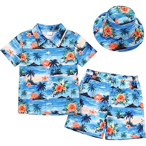 IMEKIS Boys Hawaiian Outfit 3Pcs Set Shirt Shorts Hat Summer Beach，2-7Years