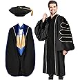 YIIOSS Unisex Deluxe Doctoral Graduation Gown with Tam 8-Sided Package and Hood for Doctoral Regalia