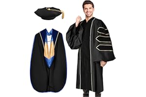 YIIOSS Unisex Deluxe Doctoral Graduation Gown with Tam 8-Sided Package and Hood for Doctoral Regalia