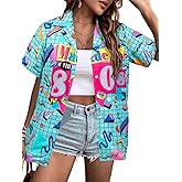MYHALF 80s Outfit for Women 80'S Neon Shirts 80s 90s Themed Party Outfits Retro Button Down Short Sleeve Clothes Top