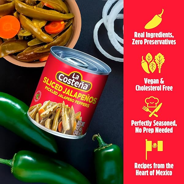LA COSTEÑA SLICED JALAPENO PEPPERS – PICKLED JALAPENOS – JALAPENO PEPPER – HOT PEPPERS FOR MEXICAN FOOD, GUACAMOLE, SPICY NACHO & TACO TOPPINGS, ENCHILADAS & SALSA – 12OZ, 6 PACK CANNED JALAPENOS