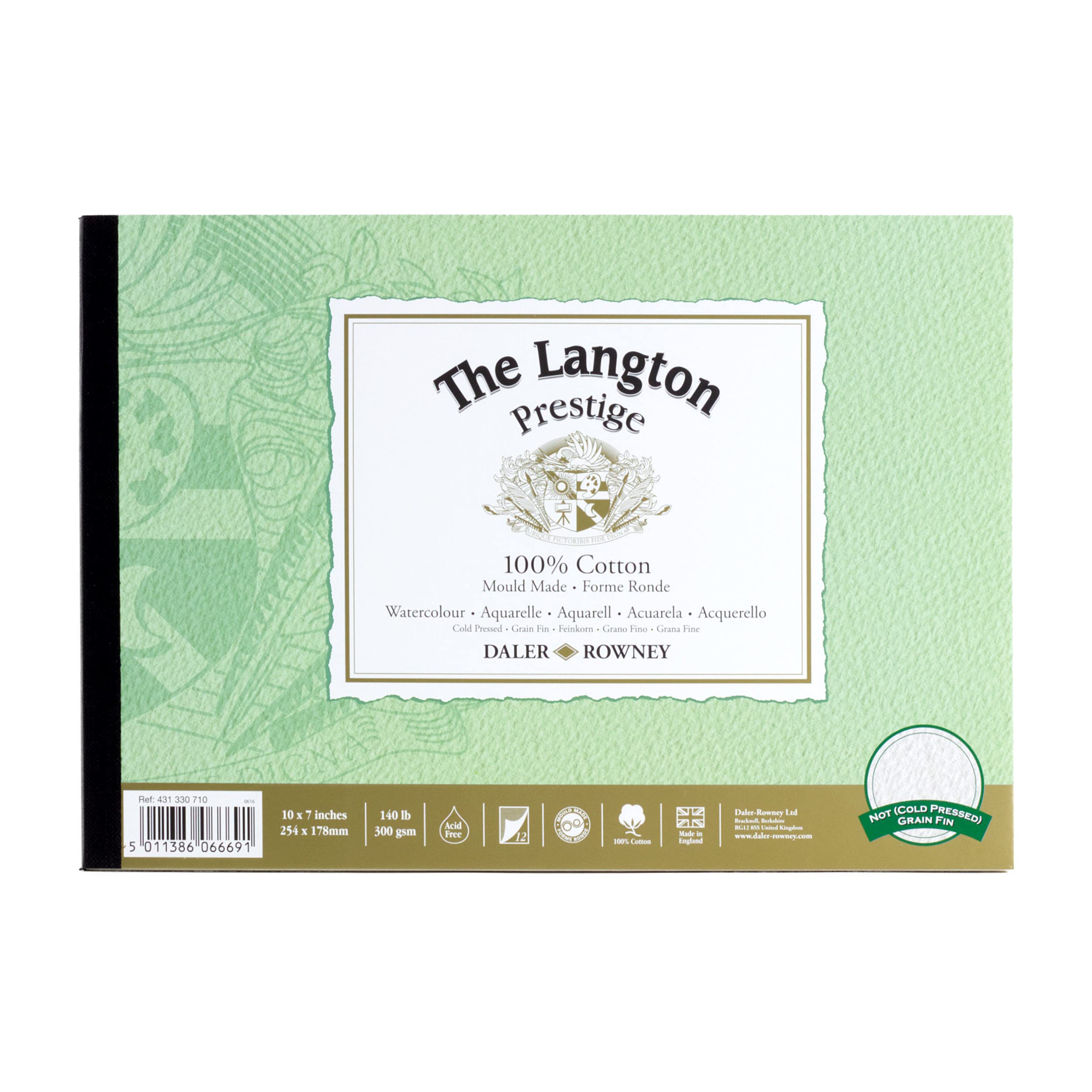 Daler-Rowney The Langton Prestige Cold-Pressed Watercolour 300gsm 10 x 7in Natural White Paper Pad, Glued 1 Side, Acid-free, 12 Sheets, Ideal for Professional Artists