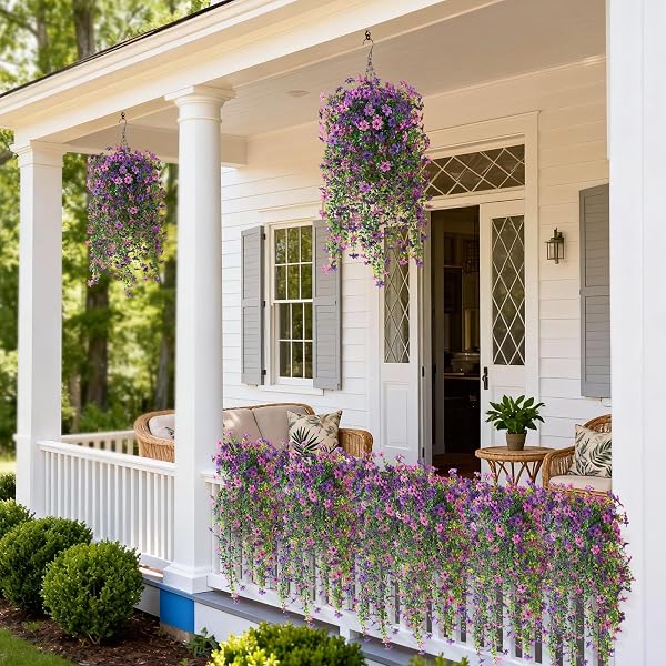 ARTIFICIAL HANGING FLOWERS FOR OUTDOORS, 2 PCS FAKE HANGING PLANT SPRING SUMMER DECOR, UV RESISTANT NO FADE REALISTIC FAUX FLOWER FOR FRONT DOOR PORCH PLANTER PATIO GARDEN YARD(DOUBLE PURPLE)