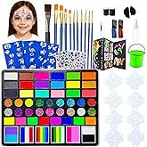 CORALMEE Face Painting Kit for Kids, 50 Colors Water Activated Face Paint Kit, Non-Toxic Professional Makeup Palette with Stencils, Gems, Brushes, Hair Dye Comb & Bucket for Kids Parties & Christmas