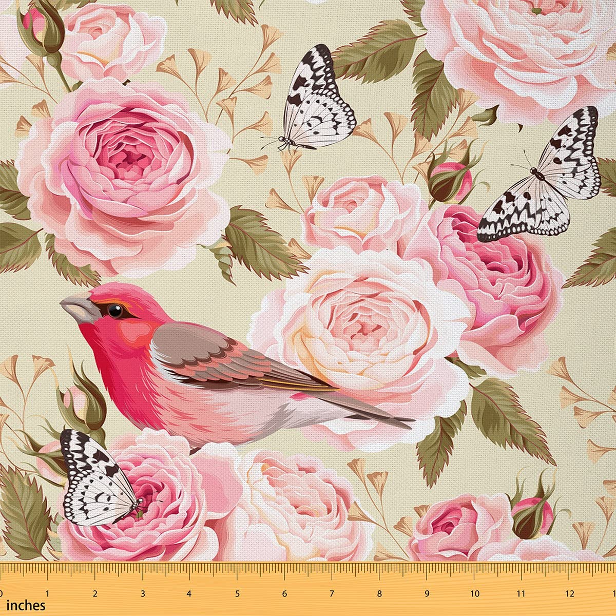 Watercolor Flowers Fabric by The Yard,Nature Botanical Leaves Decorative Fabric for Upholstery and Home DIY Projects,Jungle Birds Butterfly Precut Fabric Squres,Pink,1 Yard