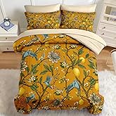 Nesker Comforter Set Full Size, Boho Hummingbird Floral Lemon 7 Pcs Bedding for Kids and Adults, Mustard Vintage Yellow Bed Sheet Sets with Fitted Sheet 2 Pillowcases & 2 Shams
