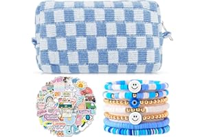 GIESIERY 58 Pcs Checkered Makeup Bag Set Preppy Aesthetic Cosmetic Bag Travel Makeup Pouch Toiletry Bag 7 Heishi Surfer Bracelets with 50 Cute Preppy Stickers for Women Girls Teens Gift (Blue)