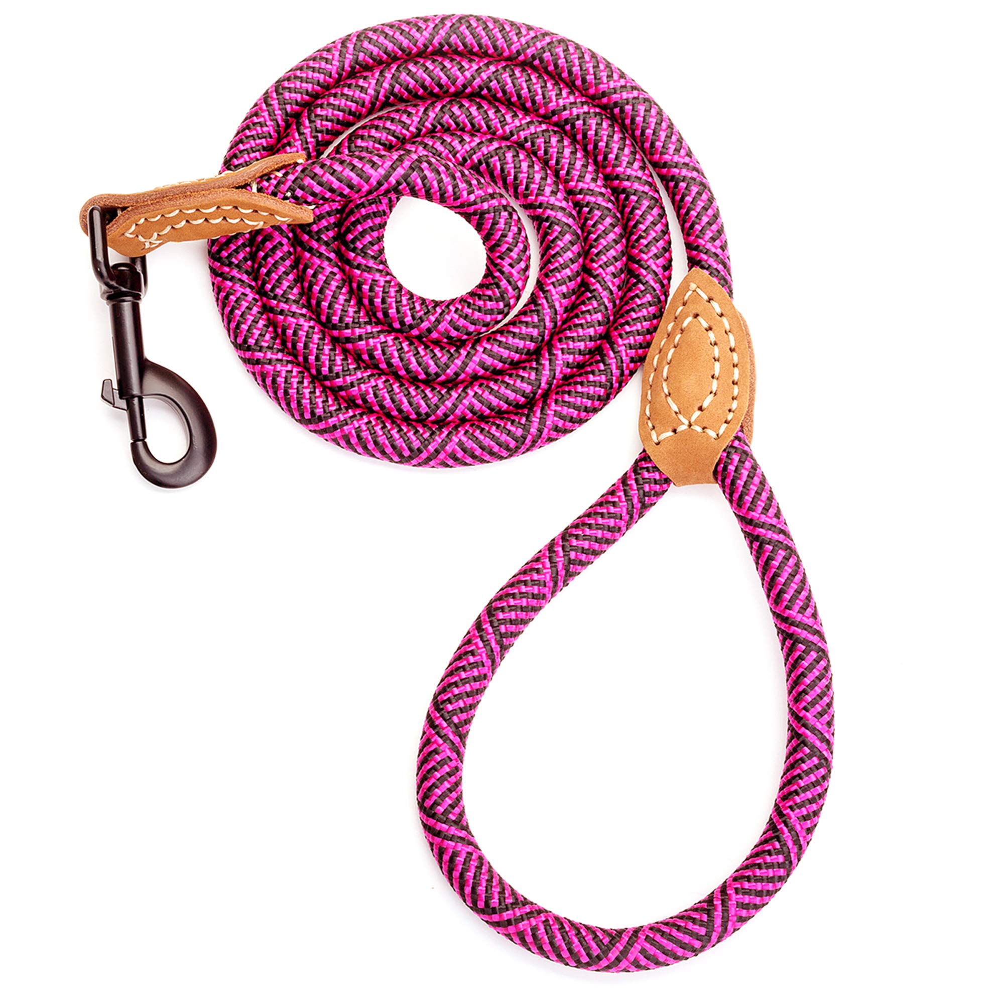 Mile High Life Rope Leash with Genuine Leather Connection, 6 FT/5 FT/4 FT, Heavy Duty Leash for Medium & Large Dogs(Pink,60 Inch-1/2")