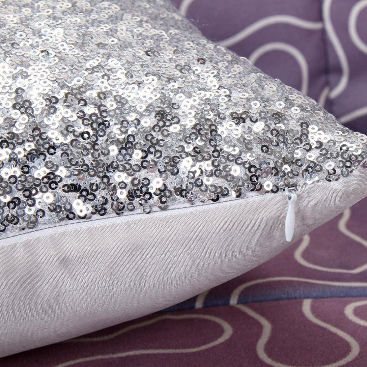 SwirlColor Sequins Pillow Case Silver Glitter Cushion Cover Square Throw Pillowcase for Home Decor Cafe 40cm/15.7inch 2pcs - Image 5