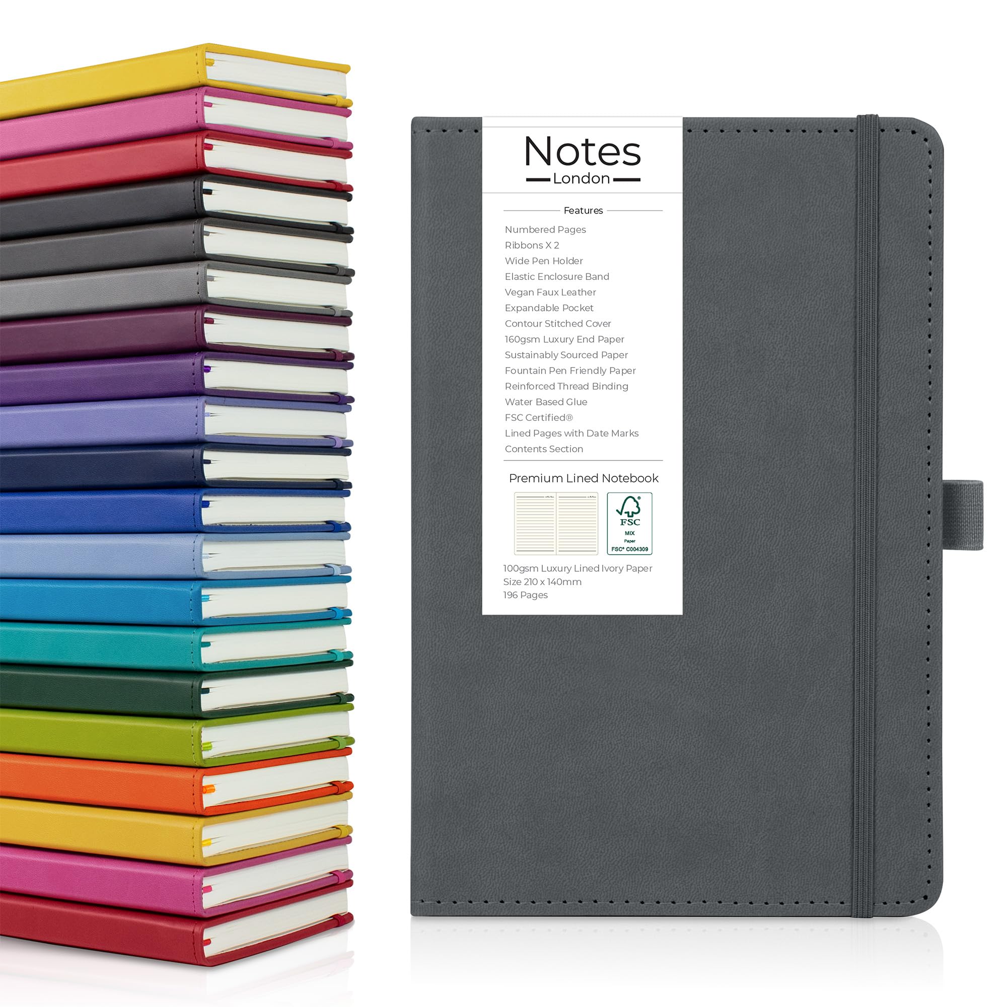 Notes London Luxury Italian style A5 Notebook with Stitched Hardcover, 100gsm Lined Numbered & Date Marked Pages, 2x Ribbons, Pen Loop, Contents Page, Paper Pocket, Medium Journal (Dark Grey)