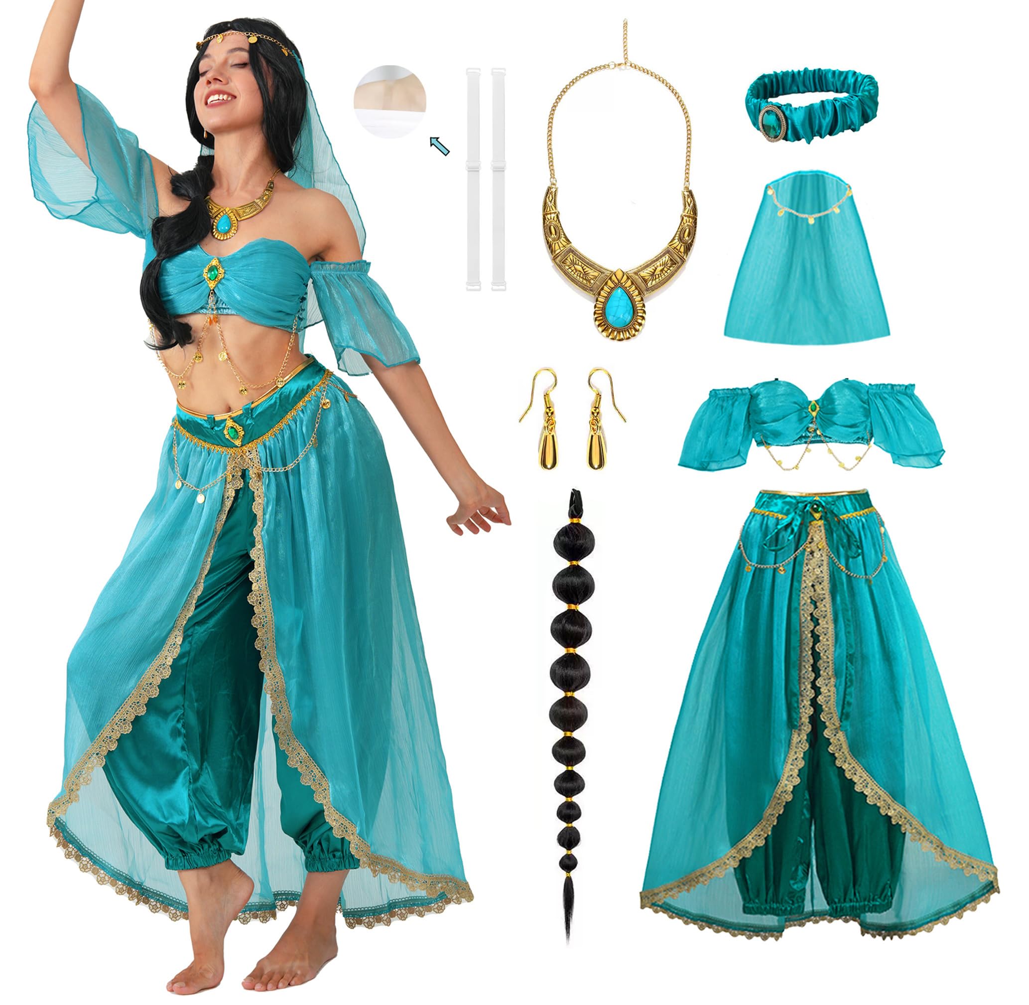 Photo 1 of Mecamelon Women Arabian Princess Fairy Costume Set Adult Halloween Dress with Accessories (X-Large, Blue)