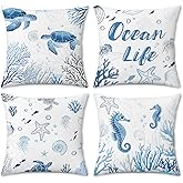 COZZSNUGE Coastal Beach Throw Pillow Covers, Ocean Sea Turtle Seashell Seahorse Summer Outdoor Velvet Decorative Pillowcases for Sofa Bed Home Patio Set of 4, 18 x 18 Inches