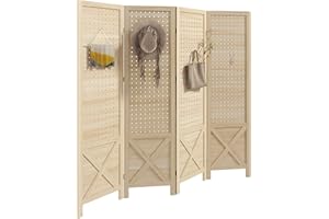 HOMCOM 4 Panel Room Divider, 4.7 FT Tall Wood Folding Privacy Screen with Pegboard Display, Partition Wall Divider for Home O