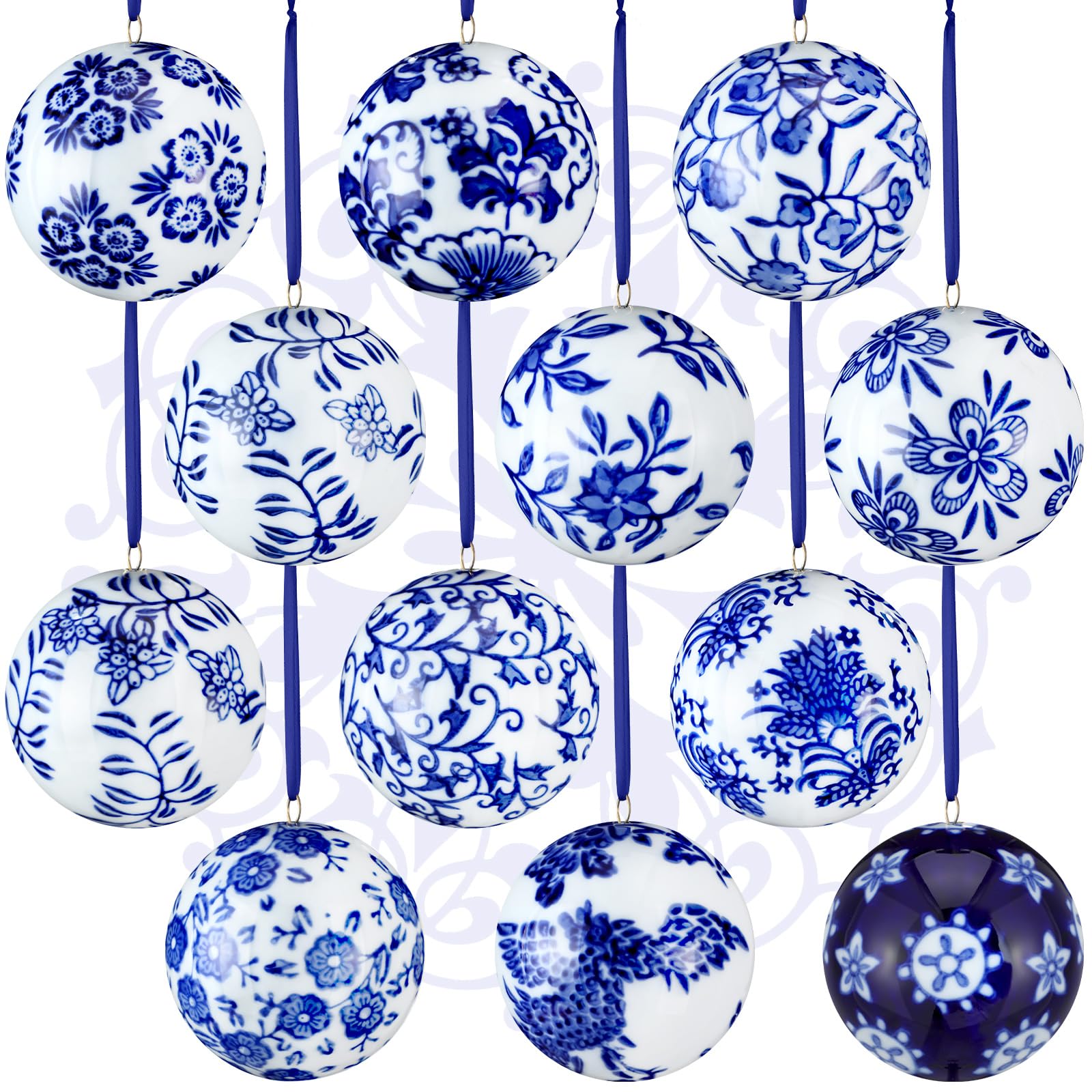 Photo 1 of Domensi 12 Pcs Chinoiserie Porcelain Ornaments for Christmas Tree White and Blue Porcelain Balls Ornaments 2.4 Inches Ceramic Hanging Balls Xmas Orbs with Ribbon for Home Decorations