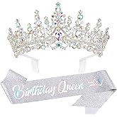 VELSCRUN AB Silver Crystal Birthday Queen Tiara Crowns for Women Girls Birthday Queen Headband Sash Elegant Princess Crown with Combs Hair Accessories Happy Birth Party Decorations Mom Gift