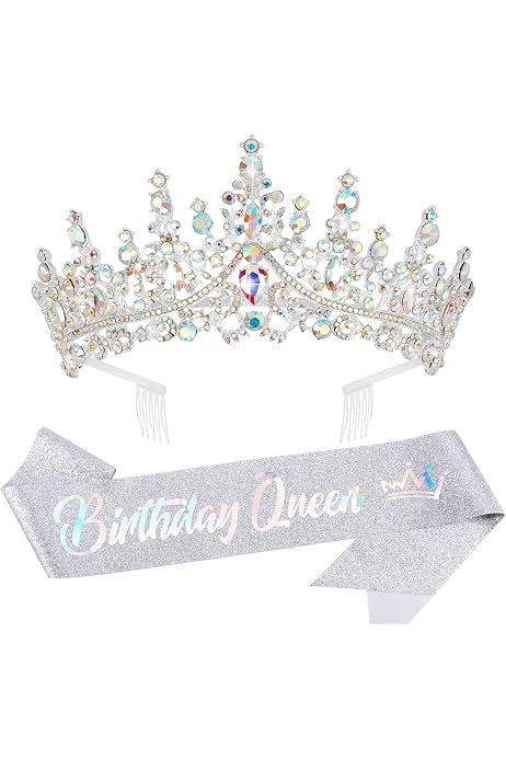 Corona Y Banda De Cumpleaños - Estilo Reina, Plata (ideal Para Niñas Y Mujeres)