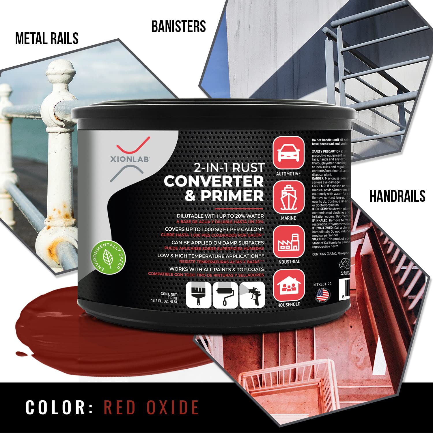 Xion Lab 2 in 1 Rust Converter & Metal Primer - Covers Up to 4X More - Industrial Grade Water Based UV Resistant Rust Reformer - No Top Coat Needed - Rust Inhibitor Works On Damp Surfaces (Pint)