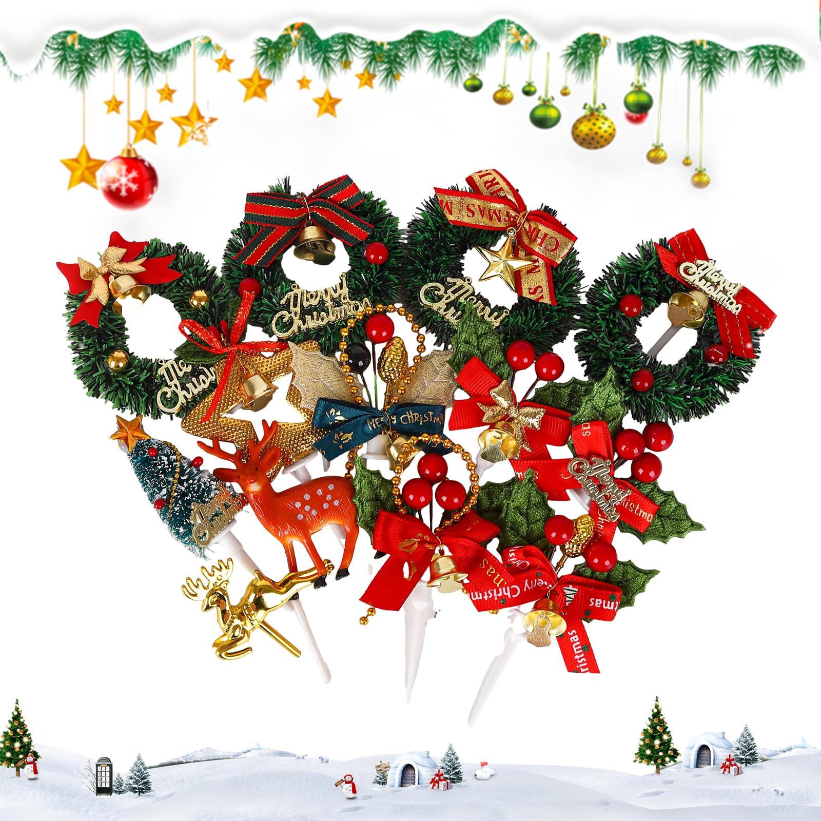 13Pcs Merry Christmas Cake Toppers - Cupcake Decoration With Fir Tree, Bells, Stars, Wreath, Reindeer for Winter Party Decorations and Theme Cake Supplies