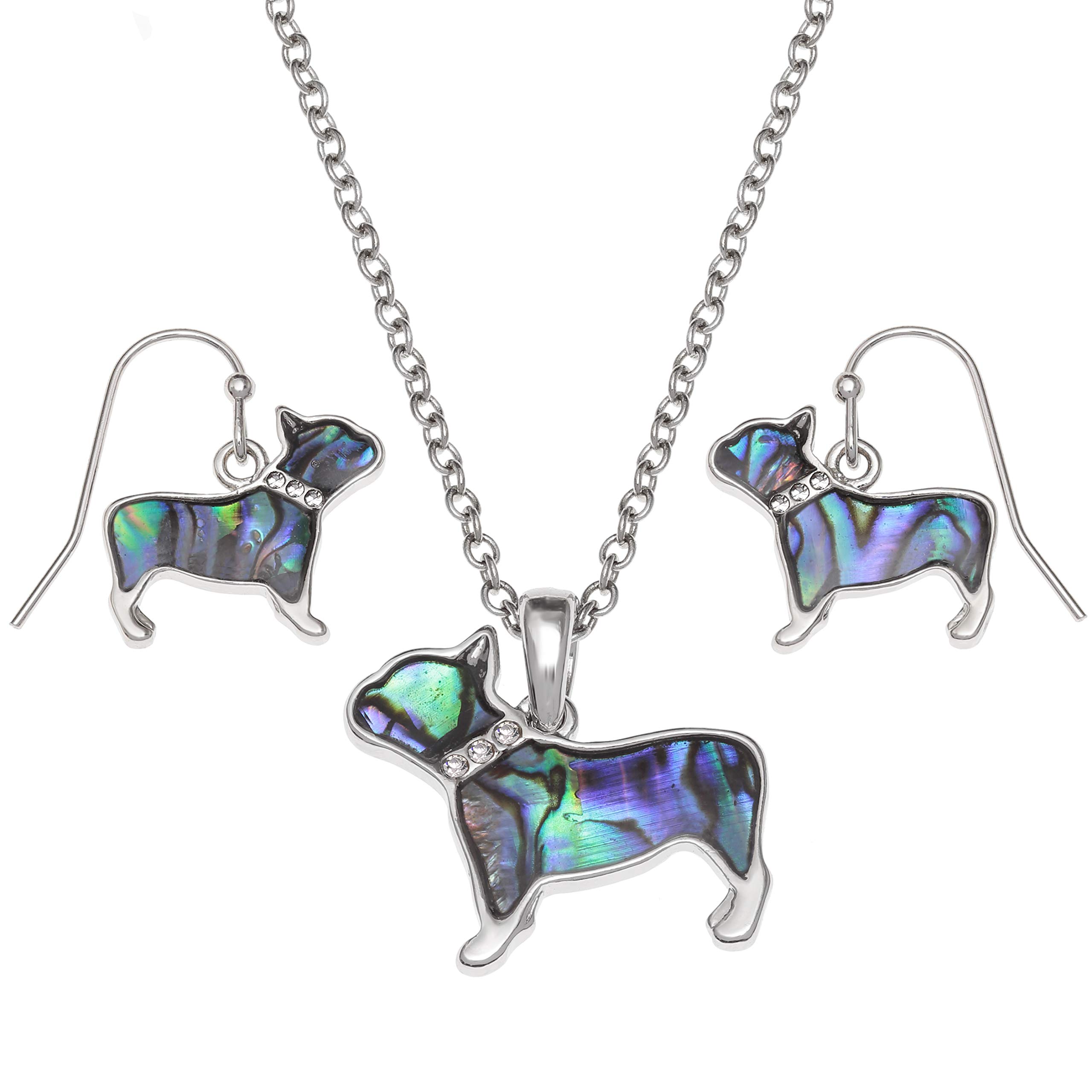 Kiara Jewellery Boxed Set French Bulldog Pendant Necklace Inlaid With Greenish Paua Abalone Shell And Glass Stone Collar on 18" Trace Chain And Matching Hypoallergenic Fishhook Earrings