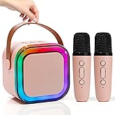Mini Karaoke Speaker with 2 Wireless Microphones,Voice Effects,Led Lights, Portable Singing Machine for Ages 3,4,5,6,7,8,9,10,11,12+ Years Old Girl Birthday Gift, Kids Karaoke Machine (Pink)