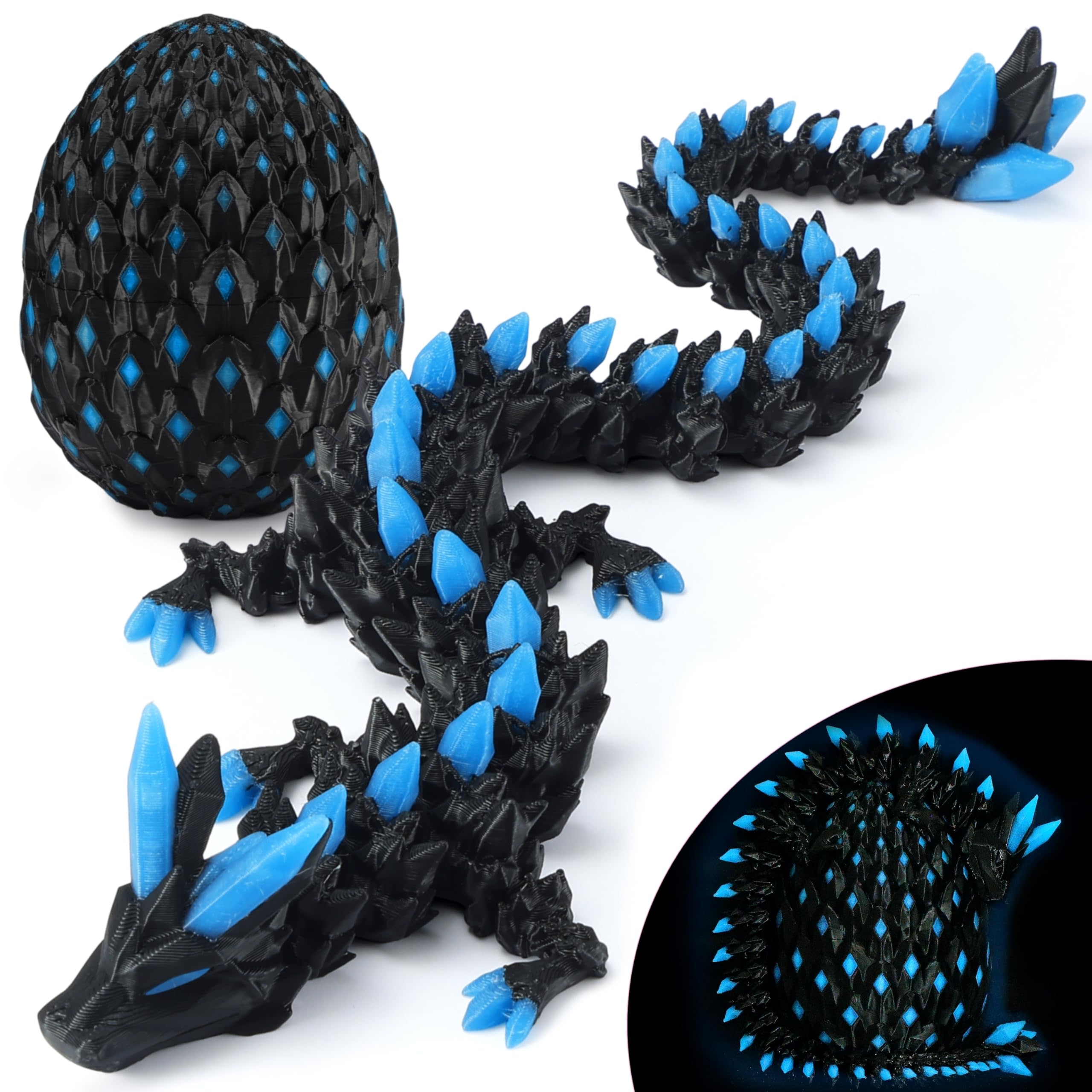 Monjita 3D Printed Dragon Egg Toy with Glow in The Dark, Articulated Easter 3D Printed Animals Fidget, Hatchable Fantasy Egg Gift for Kids & Adults, UV Light Reactive Dragon Figurine (Blue)