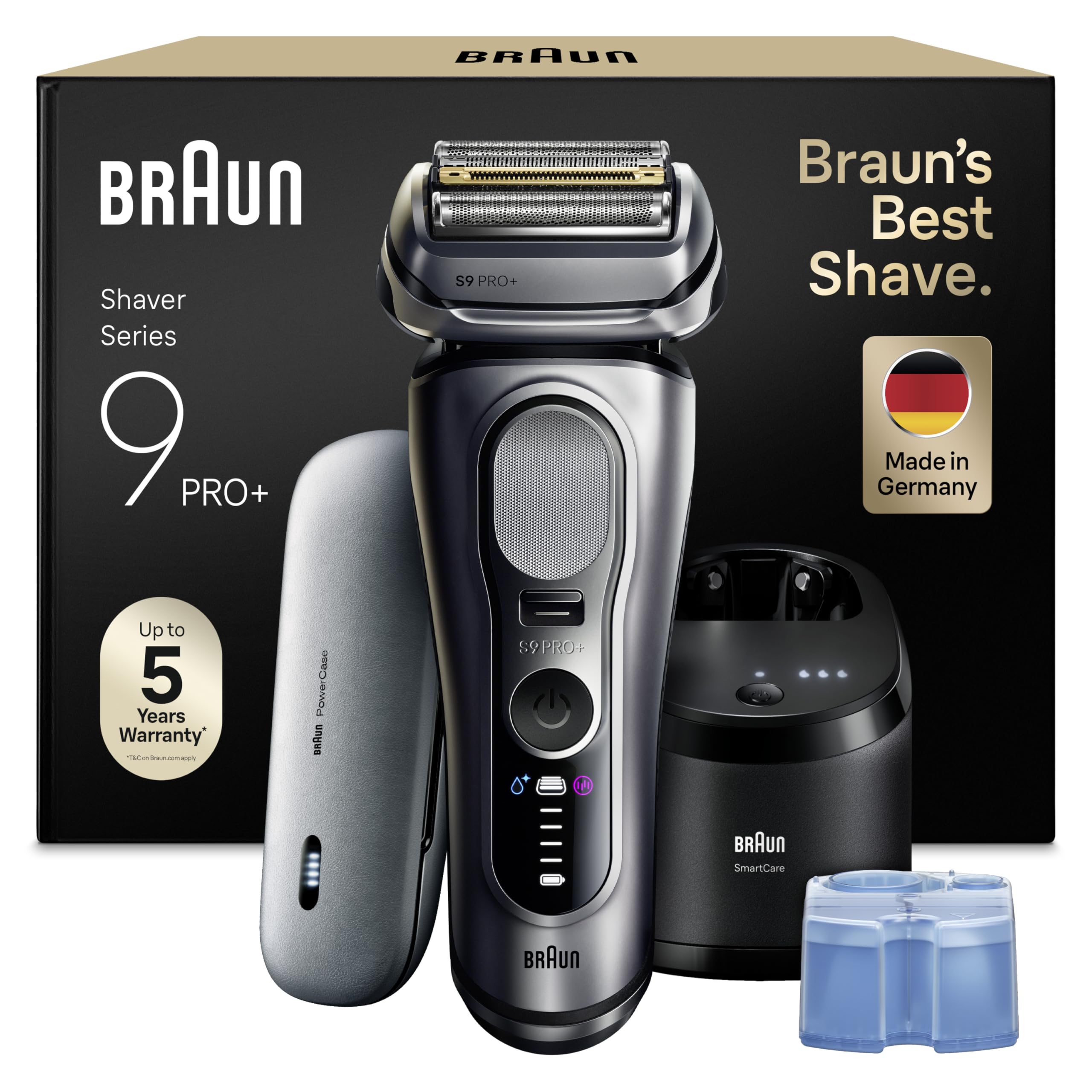 Braun Serie 9 PRO + Rasoio Elettrico Barba, Wet&Dry, 5+1 Lame Di Precisione Ultra Sottili, Regolabarba Uomo, Rasoio Barba, 60 Min Utilizzo, PowerCase, Stazione SmartCare 6in1, Serie 9677cc, Argento