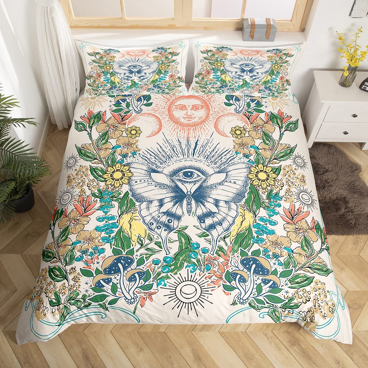 Homewish Hippie Butterfly Duvet Cover King Sun And Moon Bedding Set, Groovy Floral Comforter Cover Sunflower Mushroom Bed Set, 60S 70S Vintage Flower Bedding, All Seeing Eyes Decor (Zipper Closure) — image 1