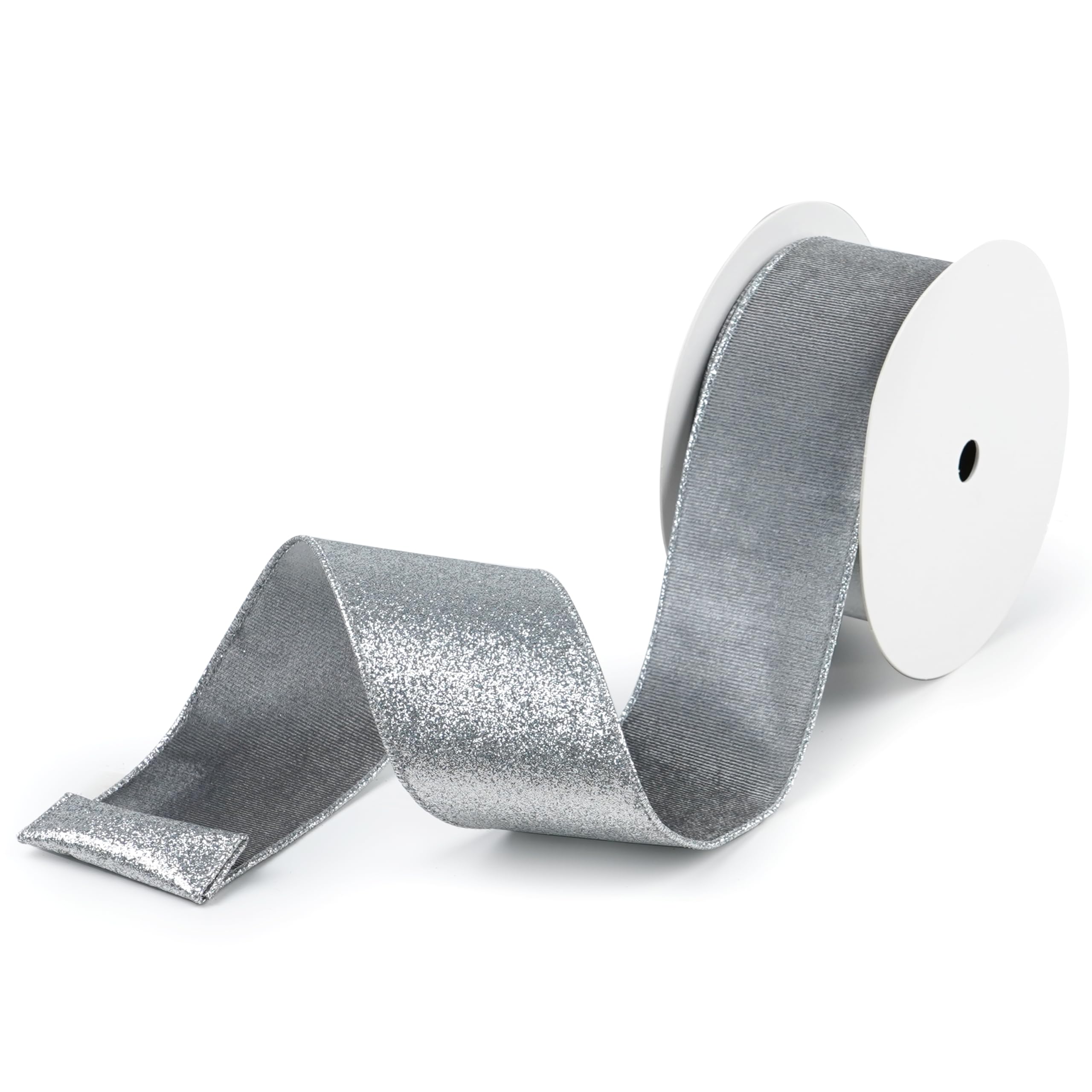 Christmas Ribbon, Silver Sparkle, 1 1/2\" Wide, Wired Edge Ribbon For Wreaths, Bows, Gift Baskets, Home Decor, Christmas Crafts, 5 YARDS