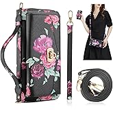 REEGINCH Crossbody Wallet Case for iPhone 16 Pro Max, Magnetic Detachable Floral PU Leather Phone Case with RFID Blocking Card Holder Wristlet Mirror Flip Zipper Shoulder Purse for Women - Black F