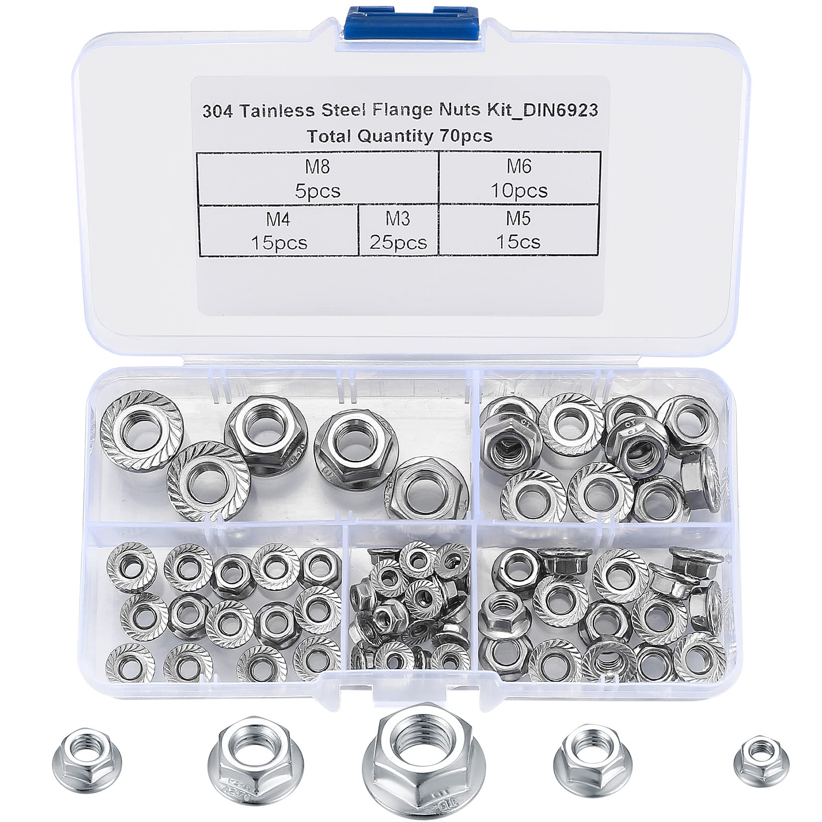 70 Pcs Hex Nuts, Lock Nuts with Flange Self-Locking, Flange Nuts with Serrations, Stop Nuts with Flange DIN 6923 Stainless Steel, M3 M4 M5 M6 M8