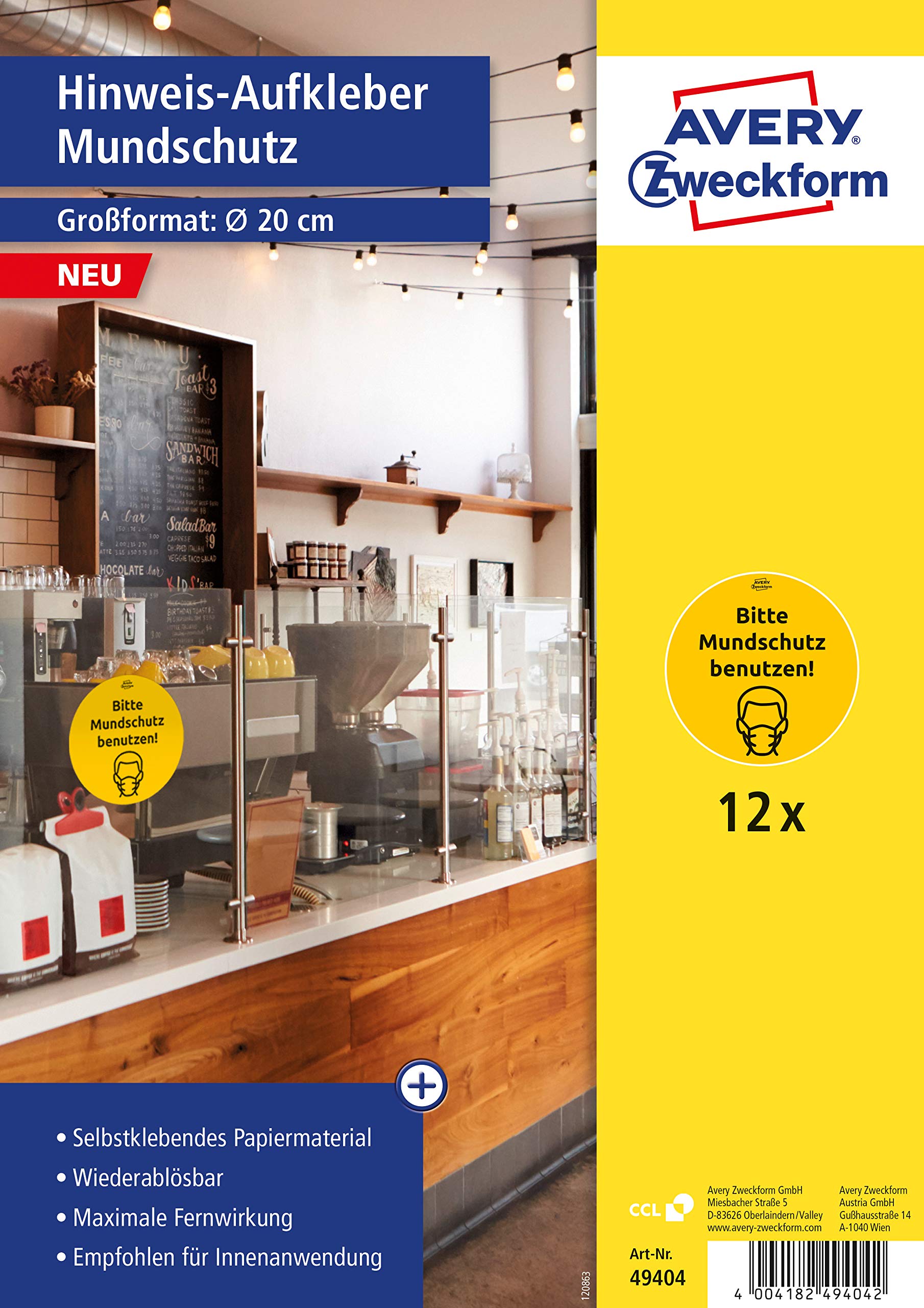 AVERY Zweckform Note Sticker Mouth Guard (Diameter 20 cm, 12 Warning Signs, Hygiene Rules Please Wear Mouth Guard, Reminder of Mask Duty, Nose Mouth Guard) 49404