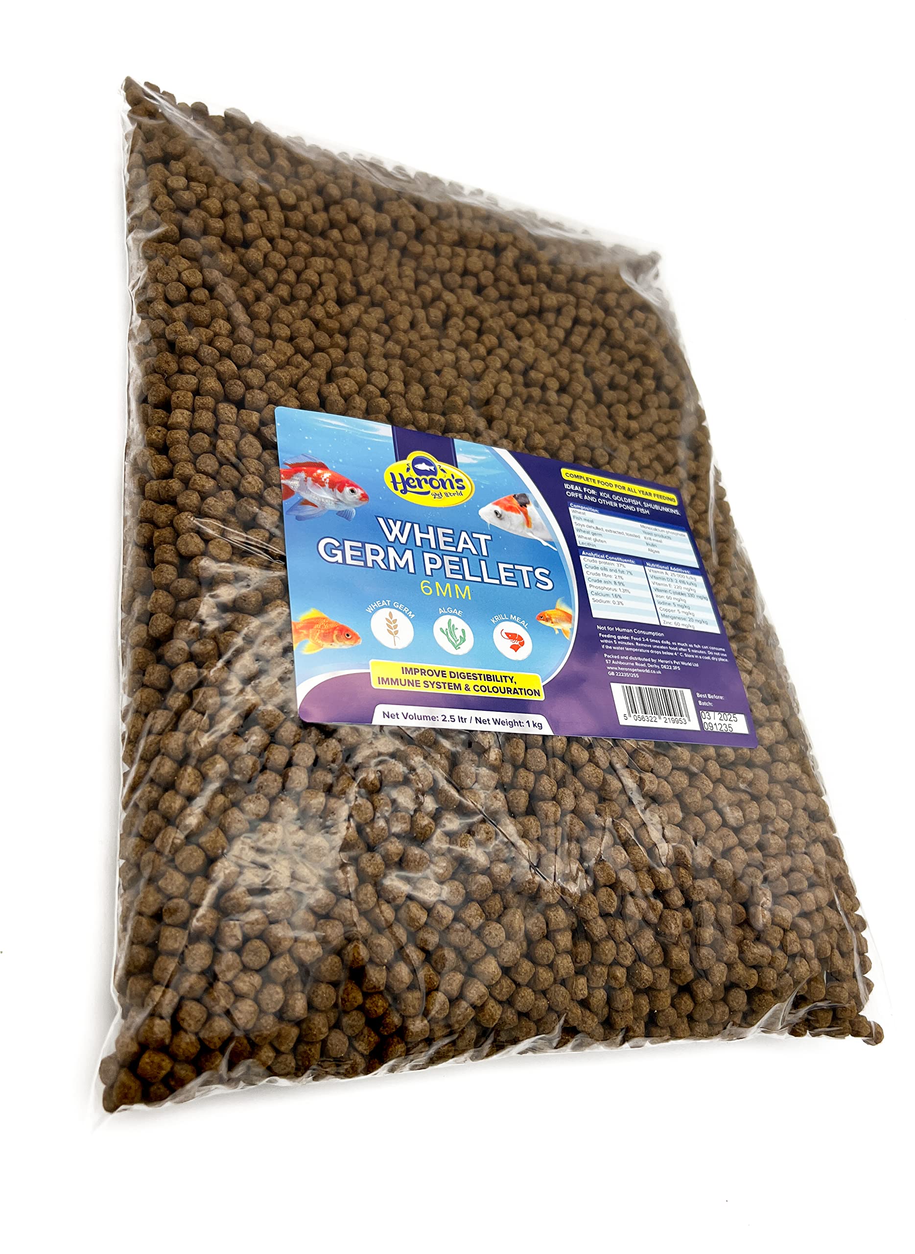 HERONS - Wheatgerm Pellets - 6 mm Pellets for all Goldfish, Japanese koi and Pond Fish - OMEGA-3 Fatty Acids, Vitamin E and C - Improves Digestion, Liver Function - Enhance Colour - 1 KG