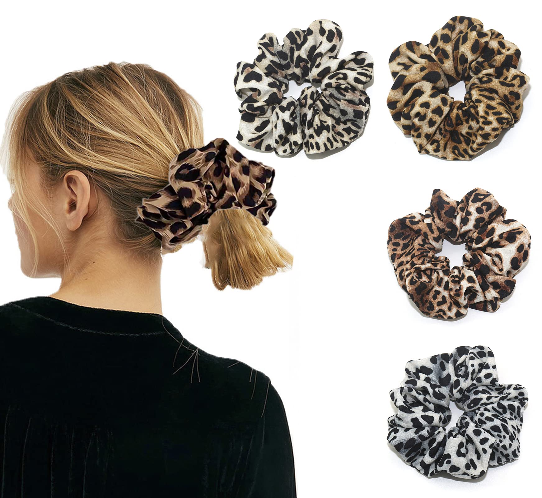 Photo 1 of Leopard Print Hair Accessories Bundle - Ring, Elastic Band, Head Flower, Hair Rope for Women or Girls (Pack of 4)