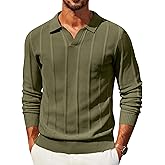 COOFANDY Mens Knit Long Sleeve Polo Shirt Casual Polo Collared Sweater V-Neck Textured Pullover