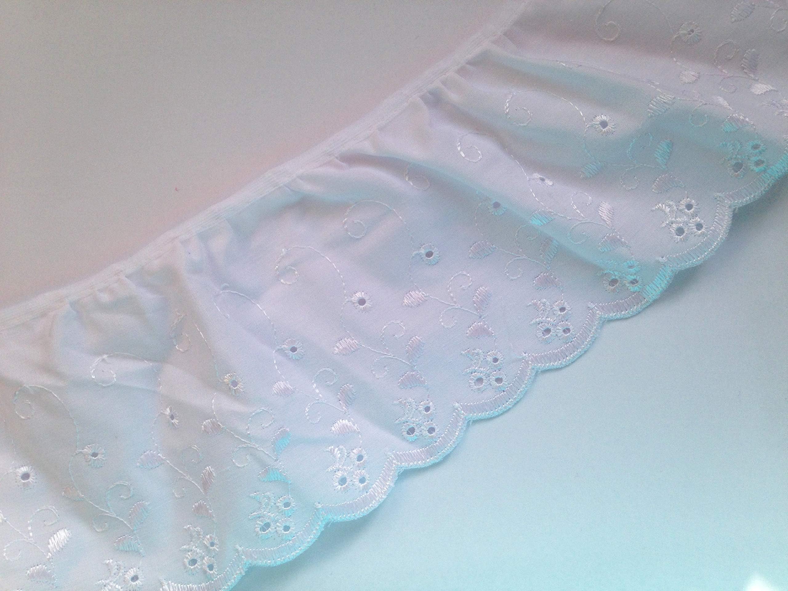 White 100mm wide Gathered Broderie Anglaise Lace Trimming - per metre