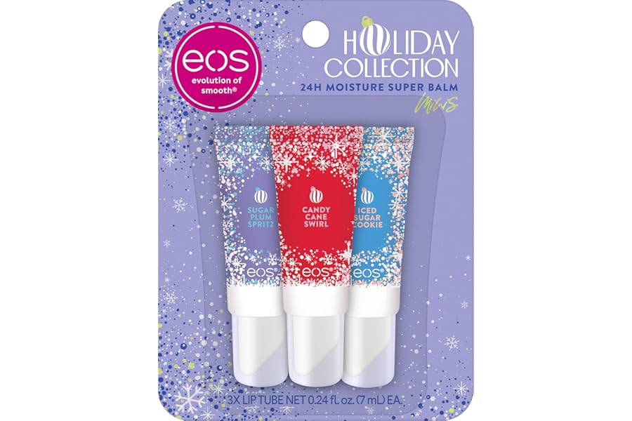 eos Holiday 24H Moisture Mini Super Balm Set, Sugar Plum Spritz, Candy Cane Swirl, Iced Sugar Cookie, Limited Edition Lip Care, Stocking Stuffers, 0.24 fl oz, 3-pack