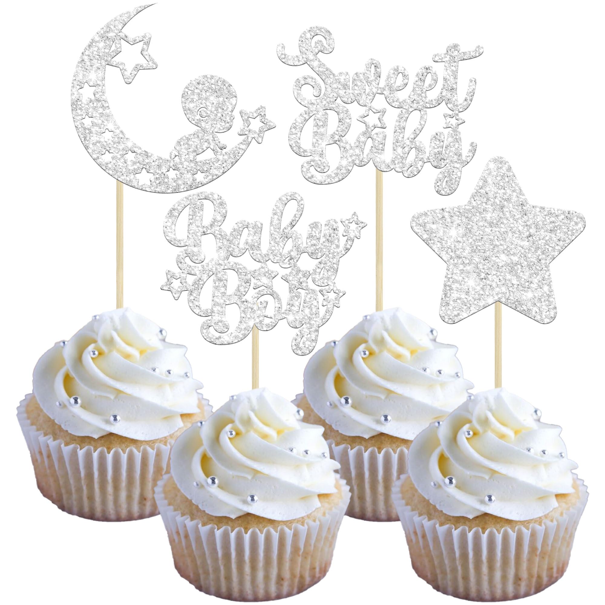 Gyufise 24Pcs Baby Boy Cupcake Toppers Silver Glitter Sweet Baby with Star Moon Cake Decorations Cupcake Picks for Baby Shower Boys Birthday Party Decorations Supplies