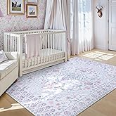 Wonnitar Floral Purple Rug for Nursery, Washable 5x7 Kids Rug, Boho Ultra-Thin Soft Non Slip Vintage Carpet for Bedroom Dorm Living Room Playroom Office, Pale Purple