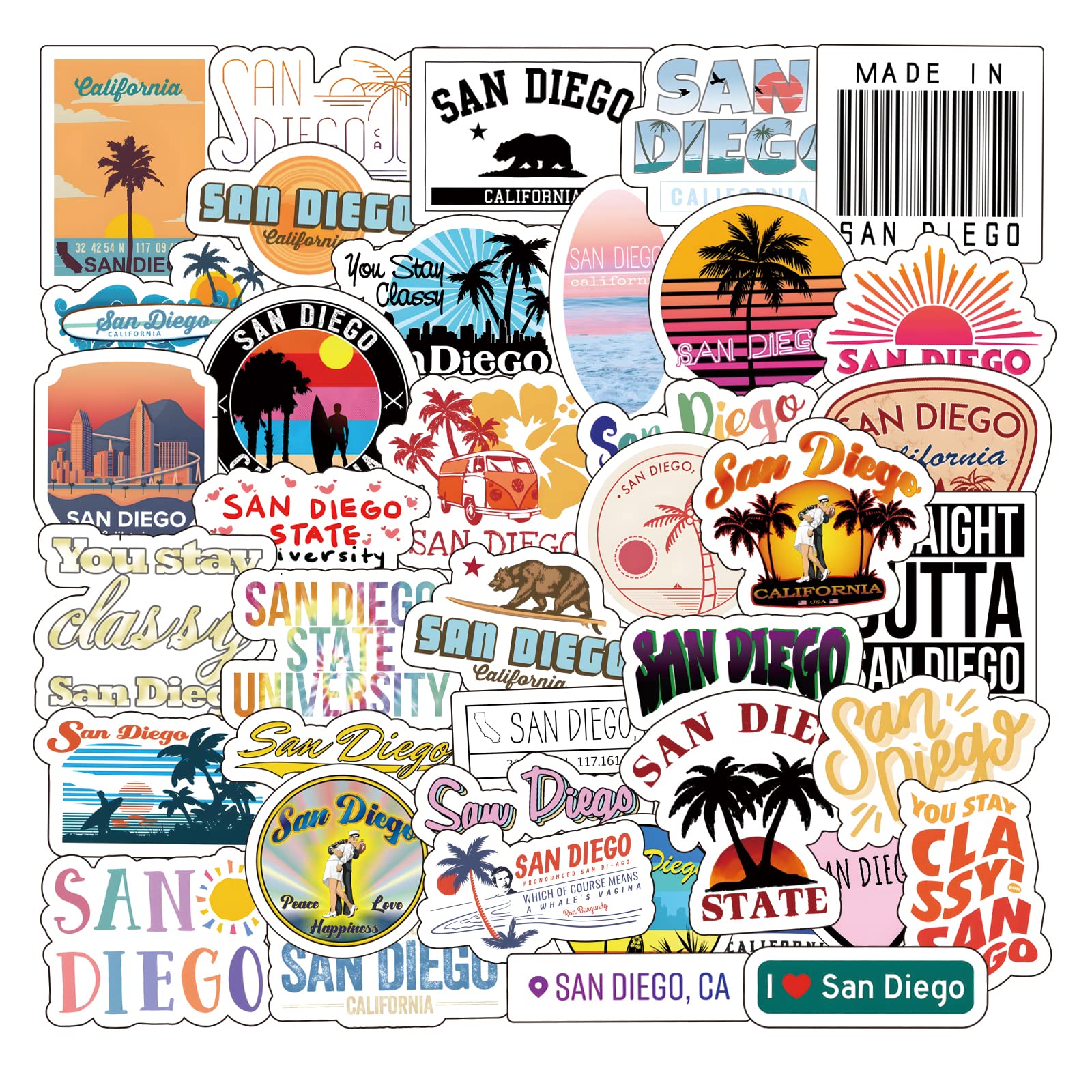 Photo 1 of San Diego Stickers 63Pcs San Diego City Stickers Vinyl Stickers Waterproof Stickers Pack for Water bottle Stickers Phone Stickers Luggage Stickers Skateboard Stickers Laptop Stickers for Kids Teens Adult Girl(San Diego)