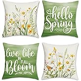 Bonhause Hello Spring Throw Pillow Covers 18 x 18 Inch White Yellow Floral Green Leaves Decorative Pillows Polyester Linen Cushion Cases for Couch Sofa Bed Home Decor Set of 4