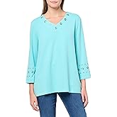 MULTIPLES womens Three Quarters Sleeve V-neck Top With Embellishment