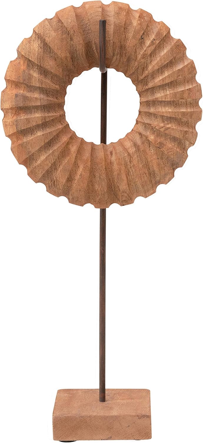 Creative Co-Op Hand-Carved Mango Wood Circle Object on Metal & Wood Stand, Set of 2 Décor, Brown, 2