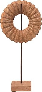 Creative Co-Op Hand-Carved Mango Wood Circle Object on Metal & Wood Stand, Set of 2 Décor, Brown, 2