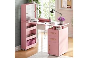 Kikihouse Manicure Table Nail Desk for Nail Tech w/Glass Door Storage Cabinets & Wrist Rest, Beauty Salon Nail Supplies Decor Workstation Acetone Resistant, with Dust Collector (Pink)