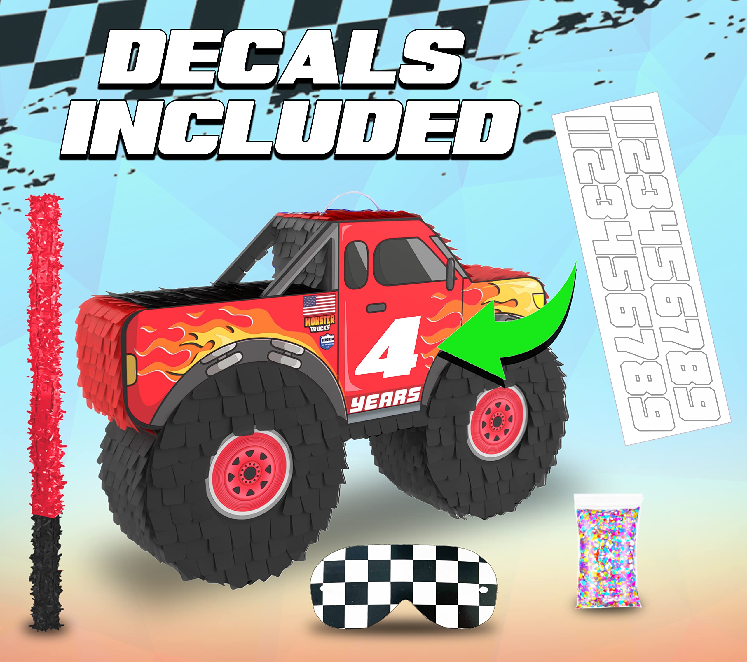Monster Truck Piñata, 4 Piece Set, perfect for Kids Birthday Parties, Race Car Party Supplies fits piñata candy and party favors (16”X10”) durable! (Red Monster Truck)