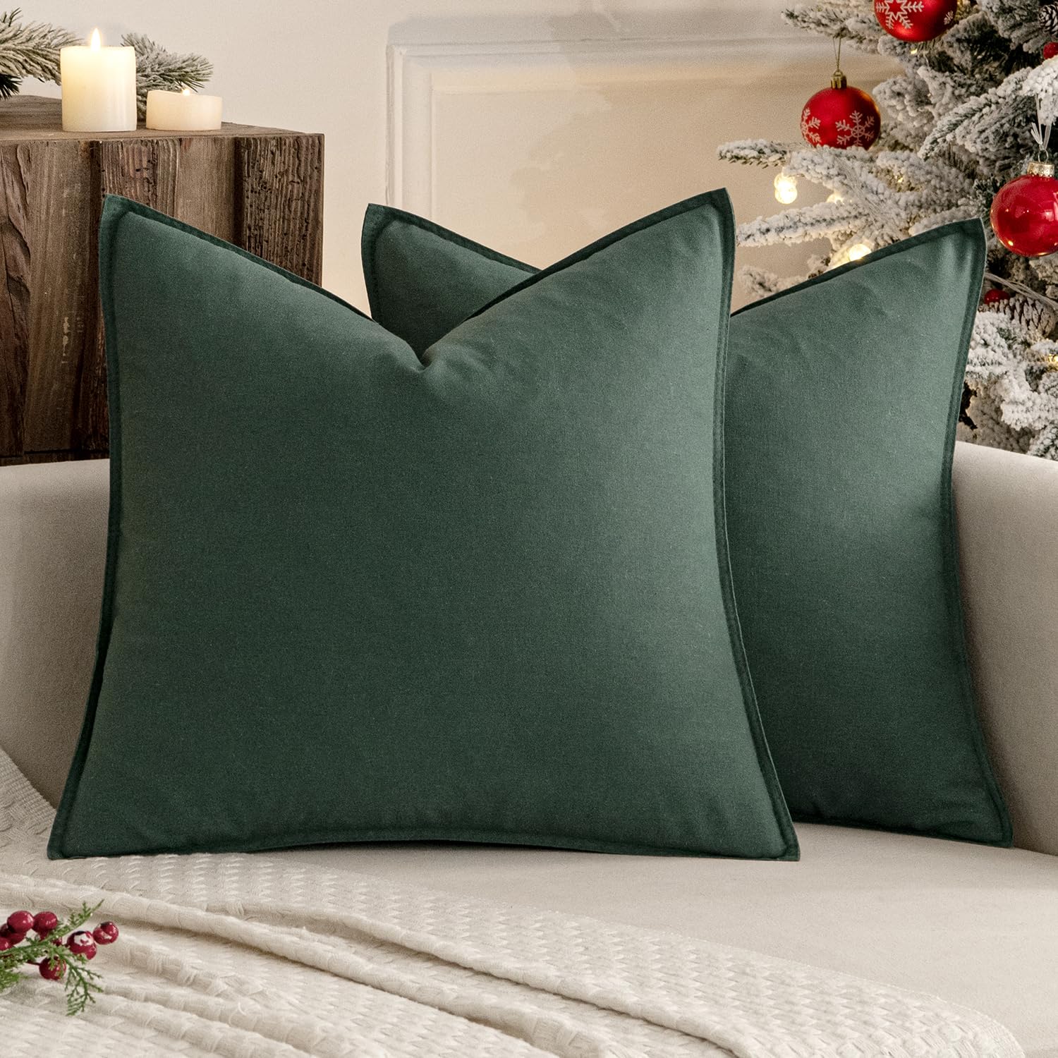 Photo 1 of MIULEE Pack of 2 Christmas Decorative Linen Pillow Covers Boho Farmhouse Modern Soft Accent Throw Pillows Neutral Cushion Covers for Sofa Couch Bed Living Room Home Decor, 20x20 Inch Dark Green
